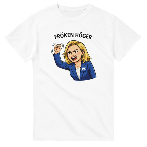 Kaxigt tryck med texten Fröken Höger och tecknad kvinna – grafisk t-shirt