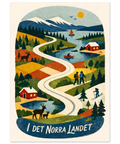 Nostalgisk affisch med fjällmotiv i dova färger föreställande vandrare, skidåkare och en segelbåt på en sjö.