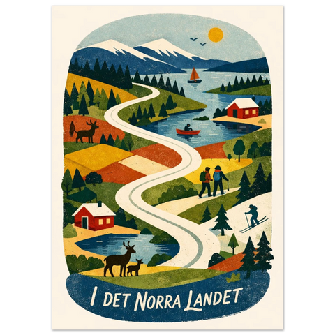Nostalgisk affisch med fjällmotiv i dova färger föreställande vandrare, skidåkare och en segelbåt på en sjö.