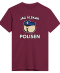 Mörkröd t-shirt med ironiskt polistryck i lekfull grafisk stil