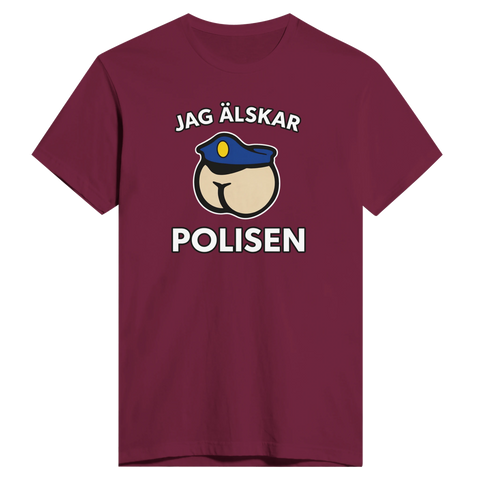 Mörkröd t-shirt med ironiskt polistryck i lekfull grafisk stil