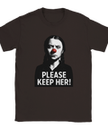 Mörkbrun t-shirt med samhällskritisk design föreställande Greta Thunberg