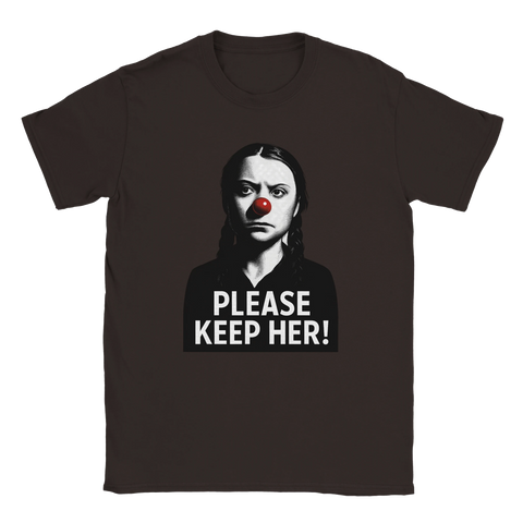 Mörkbrun t-shirt med samhällskritisk design föreställande Greta Thunberg
