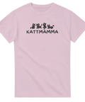 Tecknade svarta katter med texten "KATTMAMMA" på en ljusrosa t-shirt.