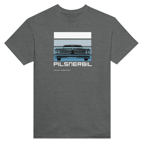 Snyggt bil-emblem och retro ränder på gråmelerad t-shirt – pilsnerbil tryck