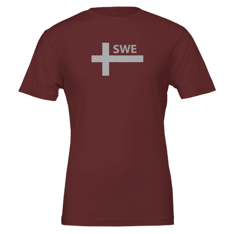 T-shirt i mörkröd nyans med diskret grått tryck av svenska flaggan