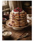 Hög pannkakstårta med lager av grädde och toppad med röda bär på ett tårtfat av porslin på ett rustikt träbord.
