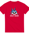 Tecknad blå haj med solglasögon och text "CRAZY SHARK" på röd t-shirt.