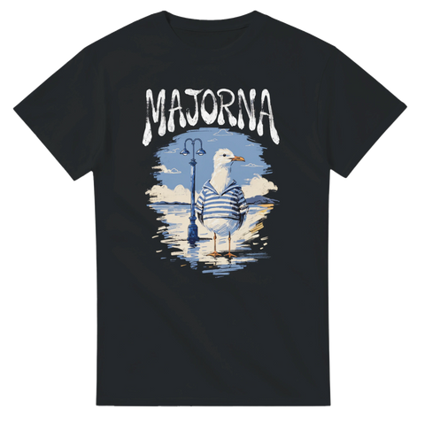 Sjömansklädd mås framför hamnmiljö i retrostil – t-shirt med Göteborgsmotiv
