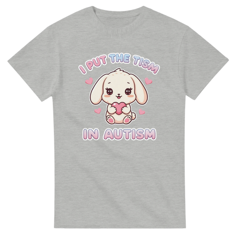 Kawaii kanin med hjärta och texten "I put the tism in autism" på grå t-shirt.