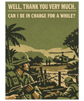 Grafisk illustration med retrokänsla som visar militärer och ett citat om makt i en stilren och dämpad färgskala.