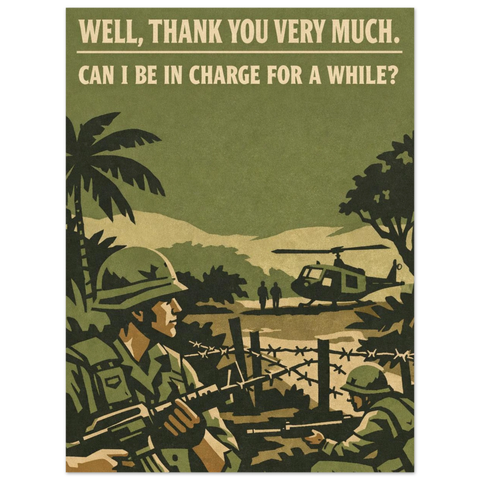 Grafisk illustration med retrokänsla som visar militärer och ett citat om makt i en stilren och dämpad färgskala.
