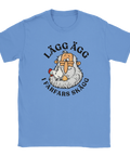 Blå t-shirt med farfar, en höna och texten ”Lägg ägg i farfars skägg”.