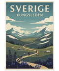 Vintage-inspirerad illustration av Kungsleden med snöklädda berg, en slingrande vandringsled och små vandrare.