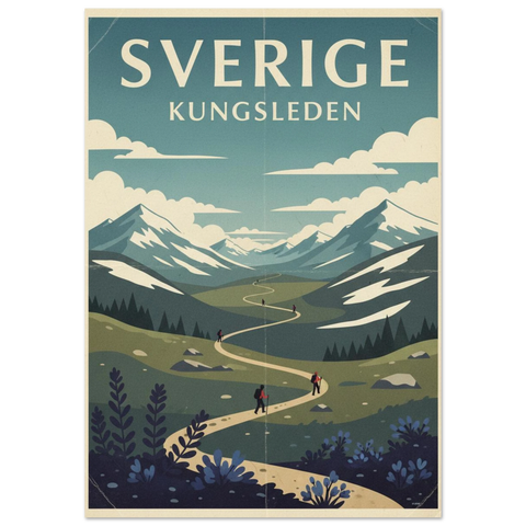 Vintage-inspirerad illustration av Kungsleden med snöklädda berg, en slingrande vandringsled och små vandrare.