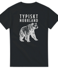 Svart t-shirt med vitt björnmotiv och texten Typiskt Norrland i minimalistisk stil