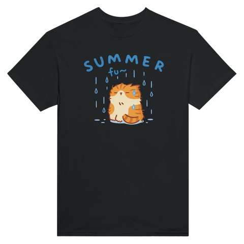 Rolig t-shirt med kattmotiv som driver med dåligt sommarväder