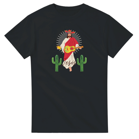 Illustrerad Jesus med sombrero och kaktusar i humoristisk mexikansk stil