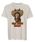 Lekfullt hästmotiv i cartoon-stil på en sandfärgad oversized t-shirt