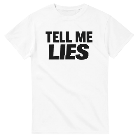T-shirt med minimalistisk Tell me Lies textdesign i svart tryck