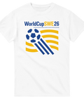 Retroinspirerat fotbollsmotiv med blågul boll och texten WorldCup SWE26