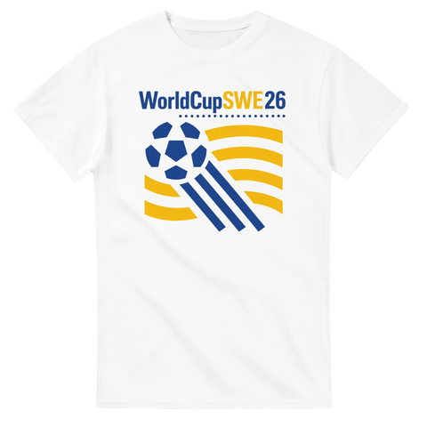 Retroinspirerat fotbollsmotiv med blågul boll och texten WorldCup SWE26