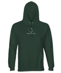 Vitt Skitfiske-hook motiv på mörkgrön premium hoodie.