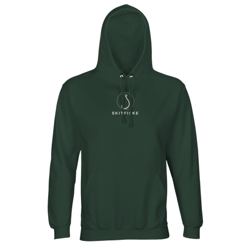 Vitt Skitfiske-hook motiv på mörkgrön premium hoodie.