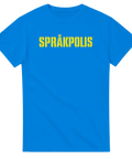 Grafiskt texttryck Språkpolis i gul färg på en klarblå t-shirt