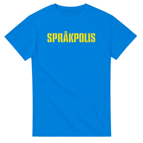 Grafiskt texttryck Språkpolis i gul färg på en klarblå t-shirt