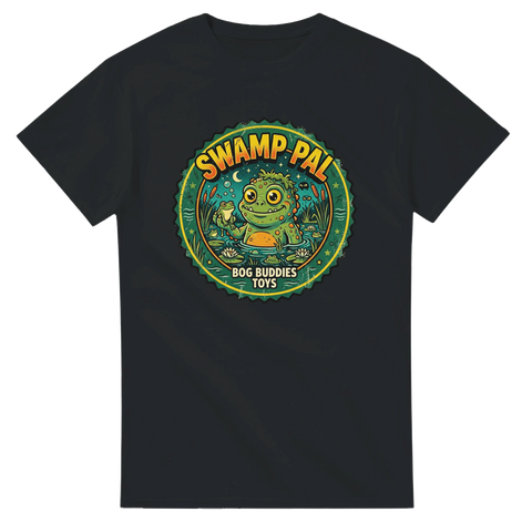 Grafiskt monster-motiv i klassisk leksaksstil på en mörkgrå t-shirt