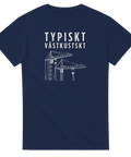 Marinblå t-shirt med vitt tryck av varvskranar och texten Typiskt Västkustskt