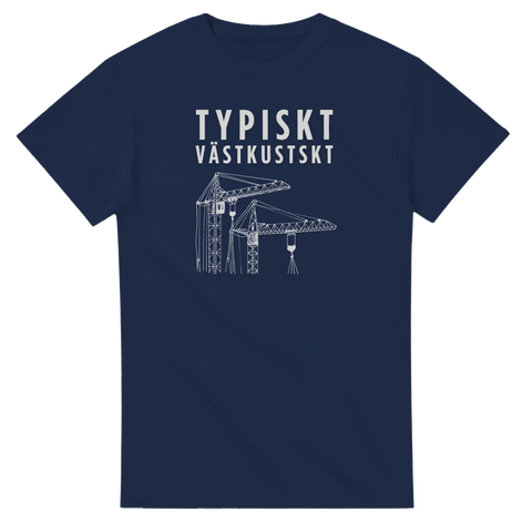 Marinblå t-shirt med vitt tryck av varvskranar och texten Typiskt Västkustskt