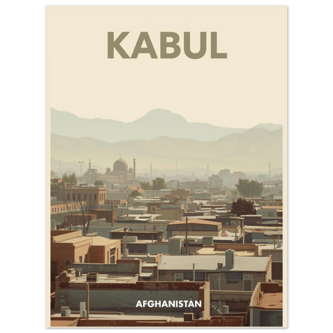 Närbild på en travel poster föreställande Kabul i Afghanistan med text i mjuk vintage-stil och varma sandtoner.