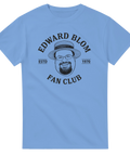 Edward Blom Fan Club-tryck med karikatyr av Edward Blom i stråhatt, på ljusblå T-shirt.