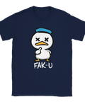 Tecknad anka med X-ögon och text "FAK-U" på marinblå t-shirt, humoristisk.