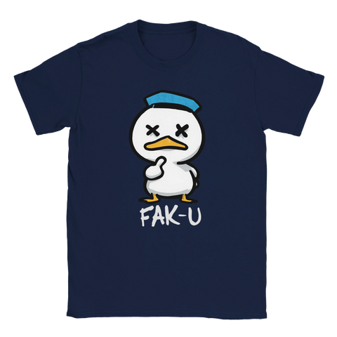 Tecknad anka med X-ögon och text "FAK-U" på marinblå t-shirt, humoristisk.