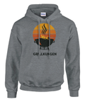 Retro grillmotiv med texten "GRILLKUNGEN" på grå hoodie.