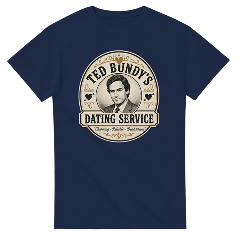 Vintageinspirerat tryck med texten Dating Service och porträtt – true crime t-shirt