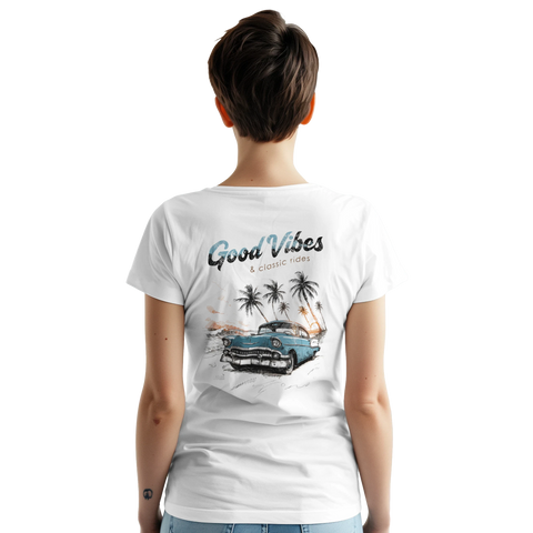 Grafisk t-shirt med somrigt bilmotiv och palmer i avslappnad retrostil