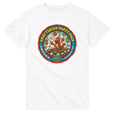 Klassiskt motiv för kräftskiva i nostalgisk serietidningsstil – vit t-shirt