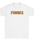 Gyllene pommes frites-design i fet typografi på en vit t-shirt