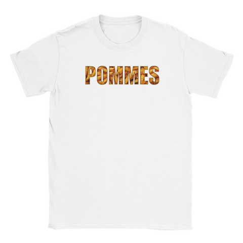 Gyllene pommes frites-design i fet typografi på en vit t-shirt