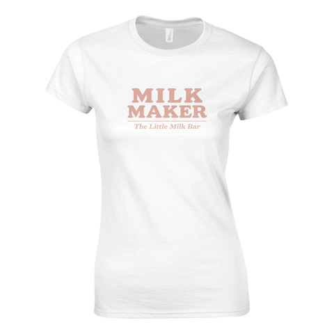 Rosa typografiskt tryck Milk Maker med retrokänsla på vit t-shirt