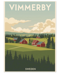 Närbild på en vintageinspirerad tavla föreställande småländskt landskap med texten Vimmerby Sweden i mjuka färger.