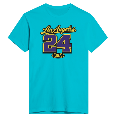 Los Angeles 24 USA-tryck i guld, lila och svart på en turkos t-shirt, sportig college-stil.