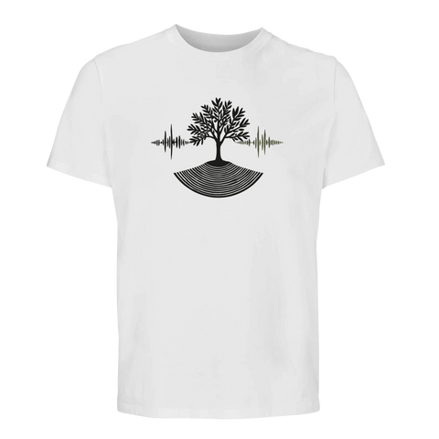 Vit ekologisk t-shirt med detaljrikt grafiskt tryck av skogens rytm