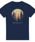 Stilrent naturmotiv med siluetter av träd på marinblå t-shirt
