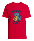 Röd t-shirt med skämtsamt tryck av katt och en pizzaslice
