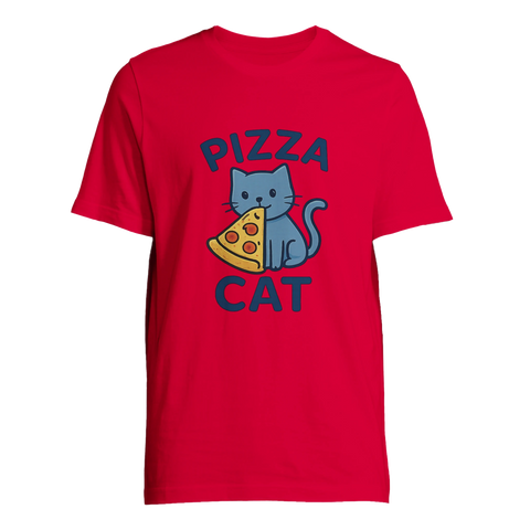 Röd t-shirt med skämtsamt tryck av katt och en pizzaslice